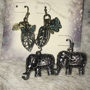 Elephant & butterfly/leaf earrings set
